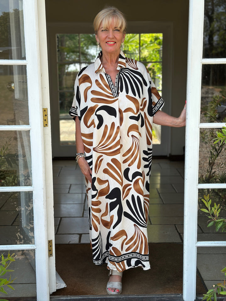 Abstract Palm Print Collared Tunic Dress | Tan