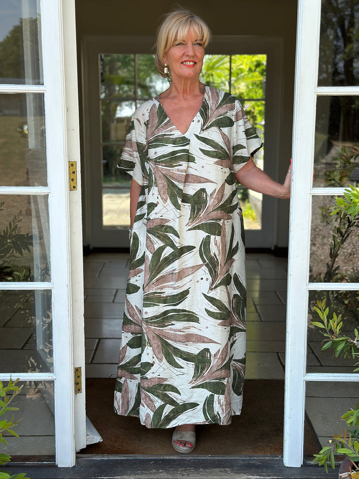 Botanical Leaf Print V-Neck Maxi Dress