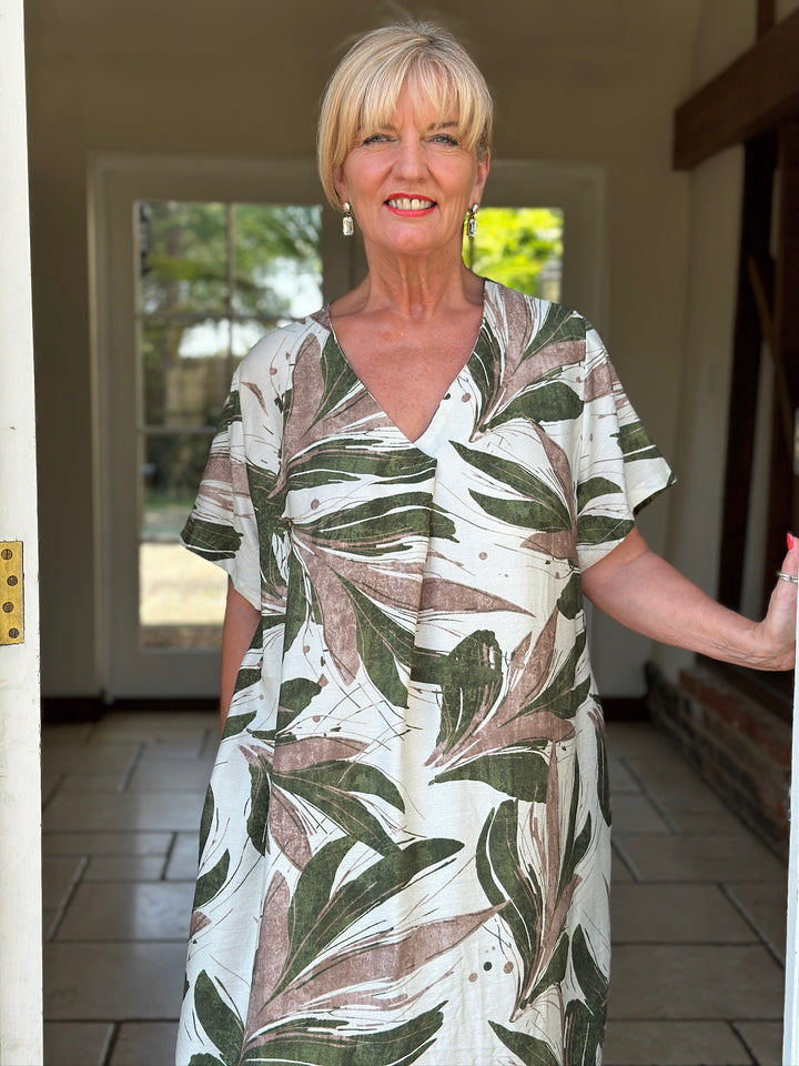 Botanical Leaf Print V-Neck Maxi Dress
