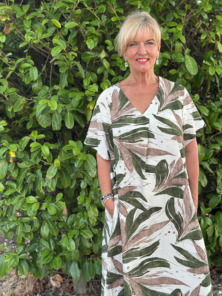 Botanical Leaf Print V-Neck Maxi Dress