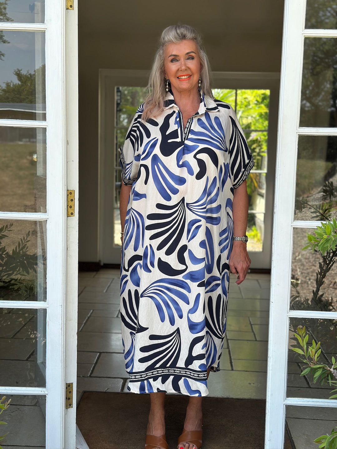 Abstract Palm Print Collared Tunic Dress | Blue