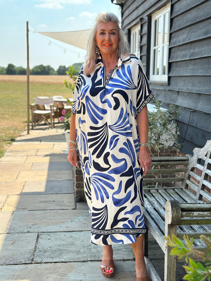 Abstract Palm Print Collared Tunic Dress | Blue