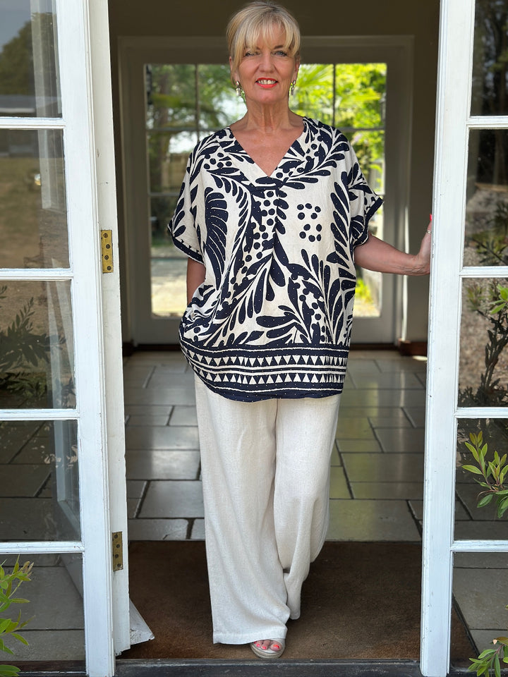 Wild Fern Print Stud Embellished Top | Navy