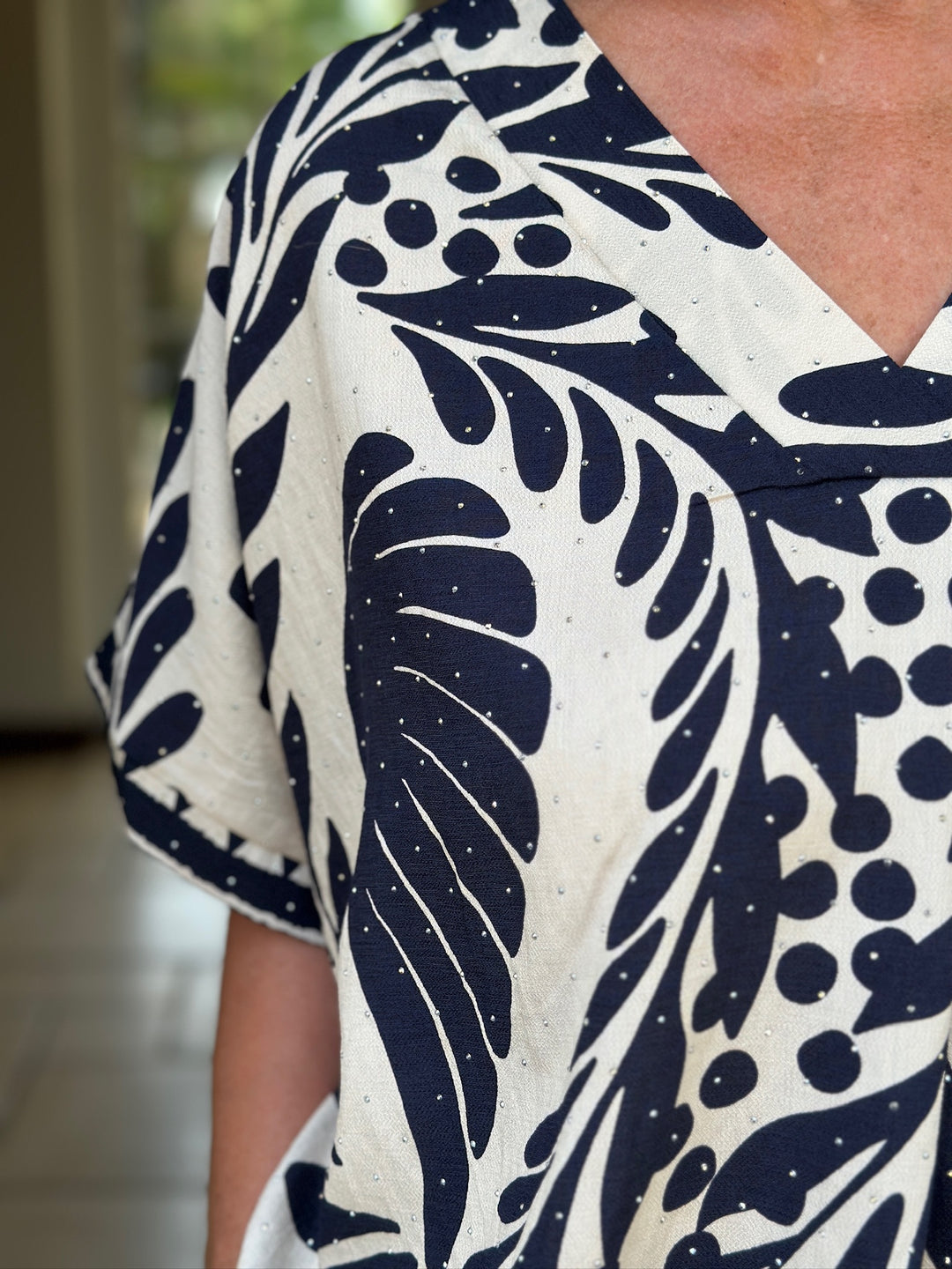 Wild Fern Print Stud Embellished Top | Navy