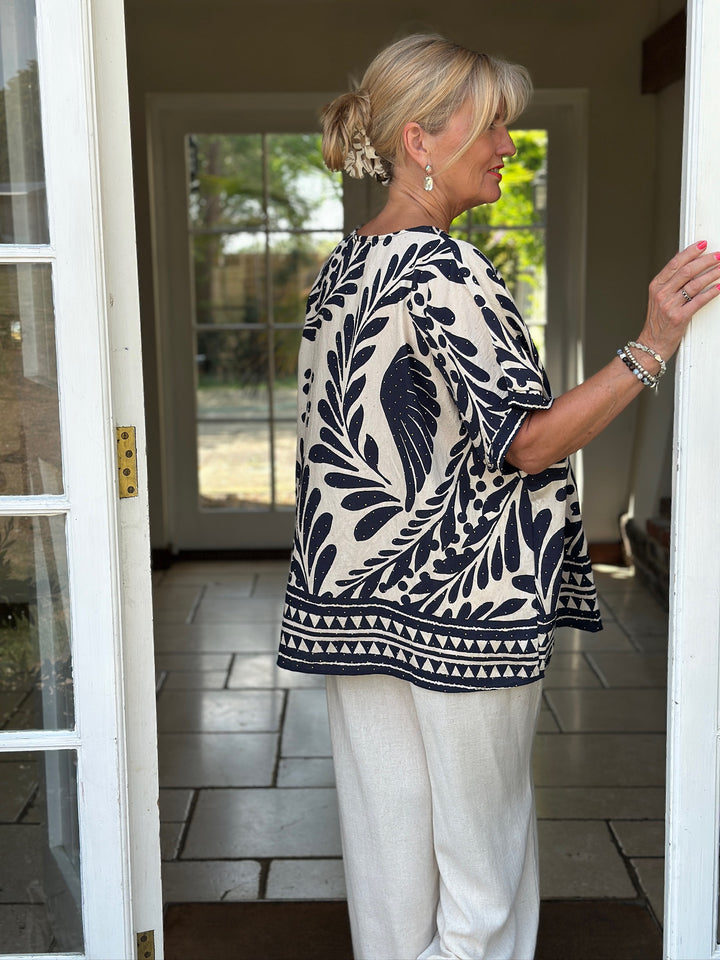 Wild Fern Print Stud Embellished Top | Navy