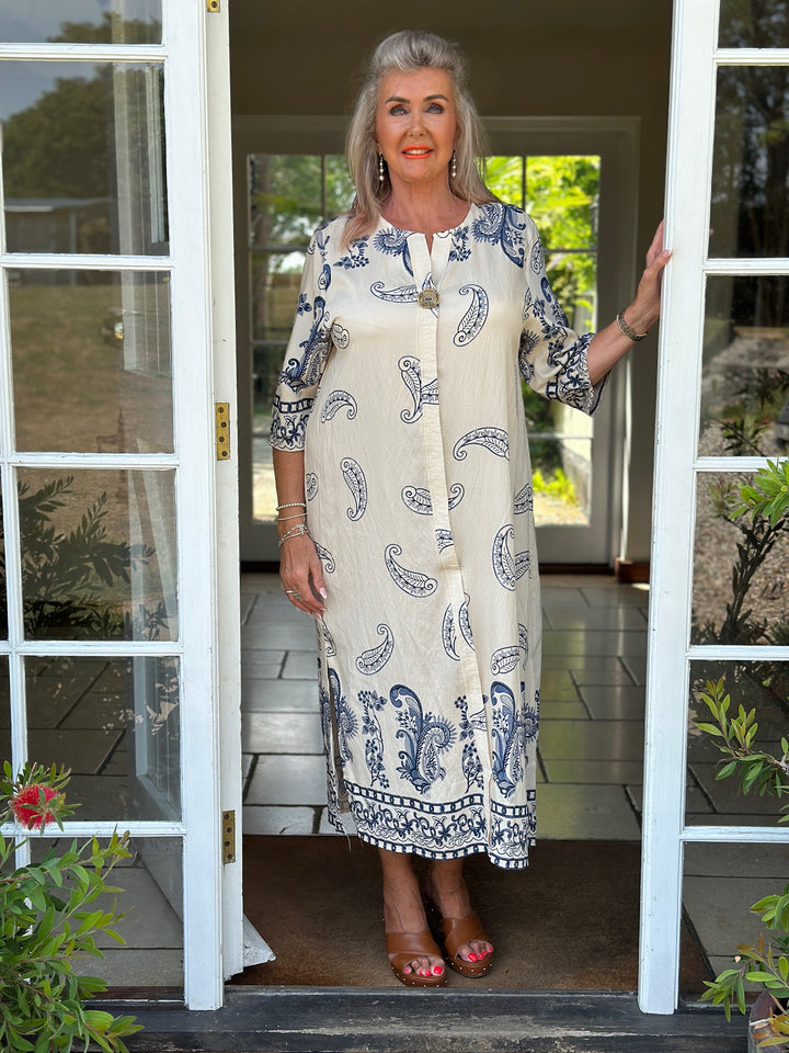 Paisley Print Button Collar Tunic Dress | Cream