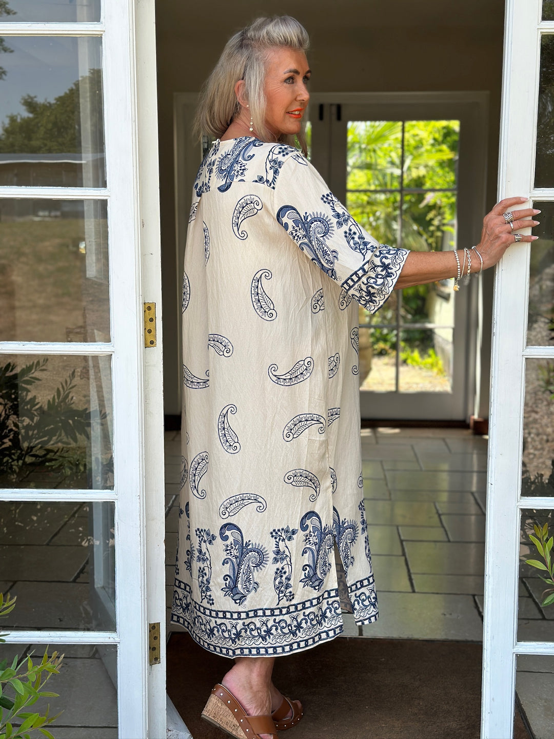 Paisley Print Button Collar Tunic Dress | Cream