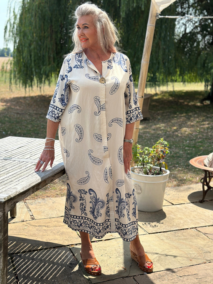 Paisley Print Button Collar Tunic Dress | Cream