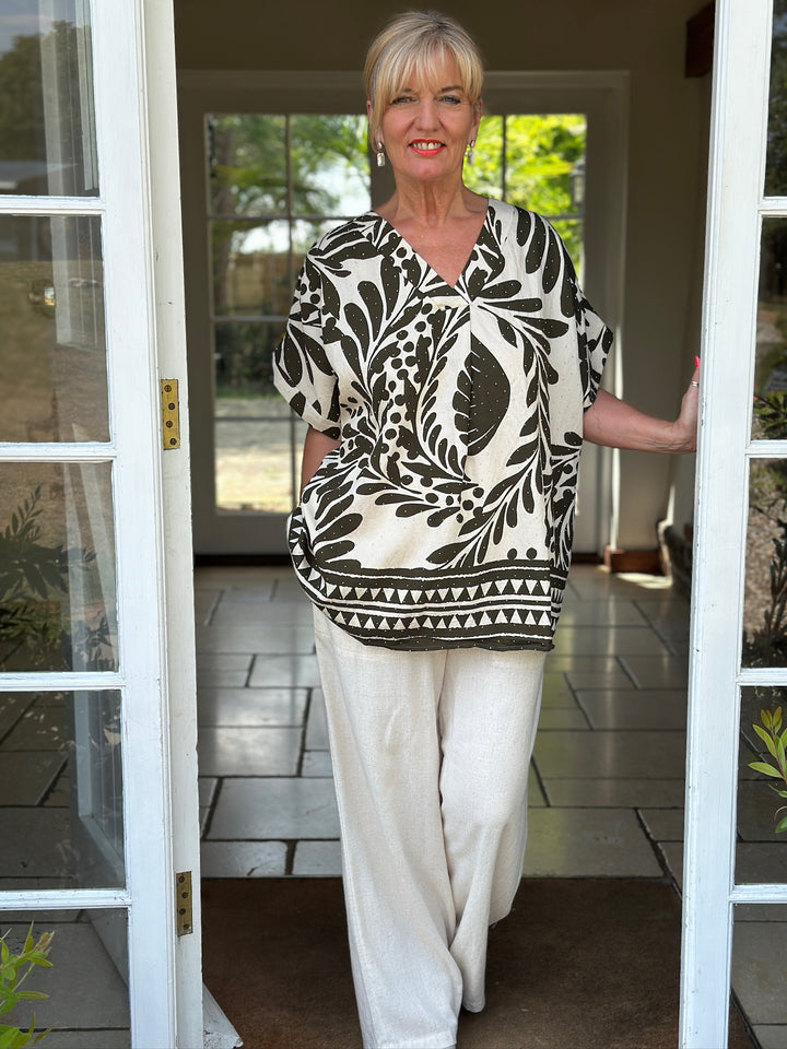 Wild Fern Print Stud Embellished Top | Khaki