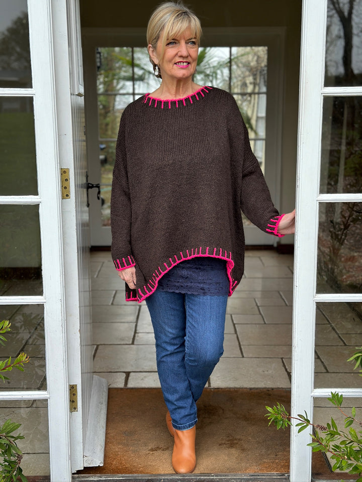 Contrast Stitch Knit Jumper | Chocolate & Fuchsia