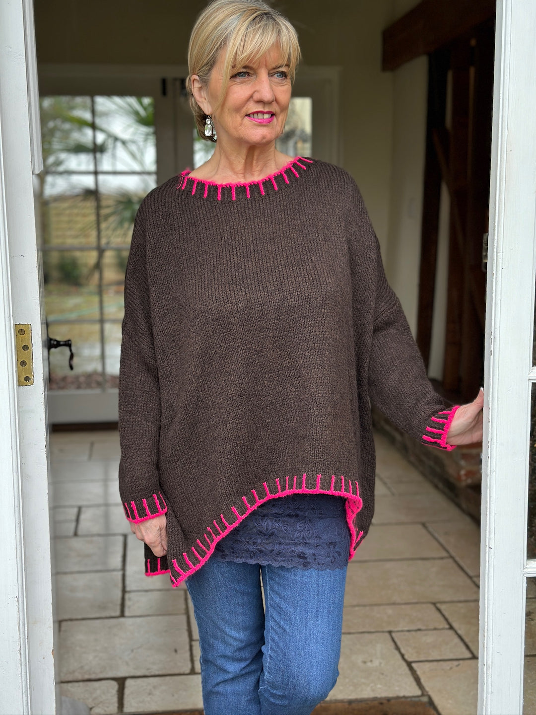 Contrast Stitch Knit Jumper | Chocolate & Fuchsia