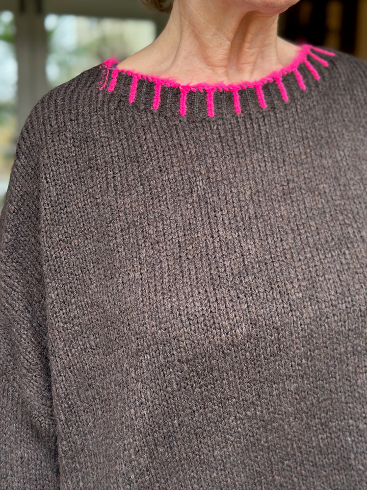 Contrast Stitch Knit Jumper | Chocolate & Fuchsia
