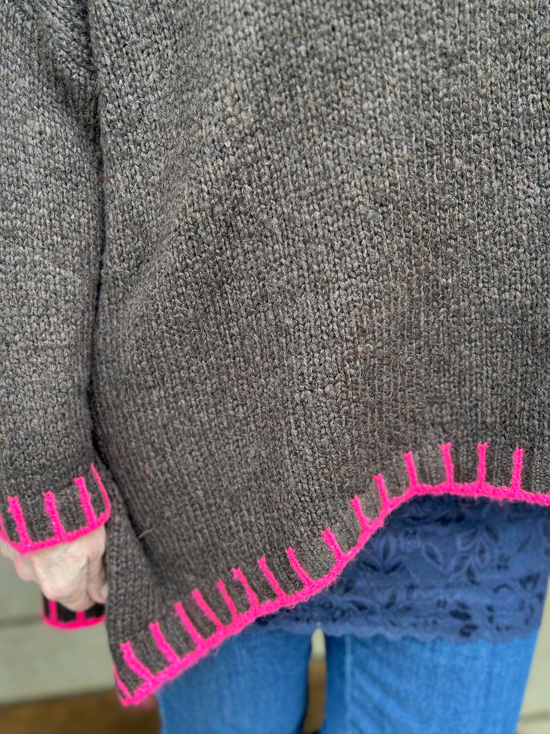 Contrast Stitch Knit Jumper | Chocolate & Fuchsia