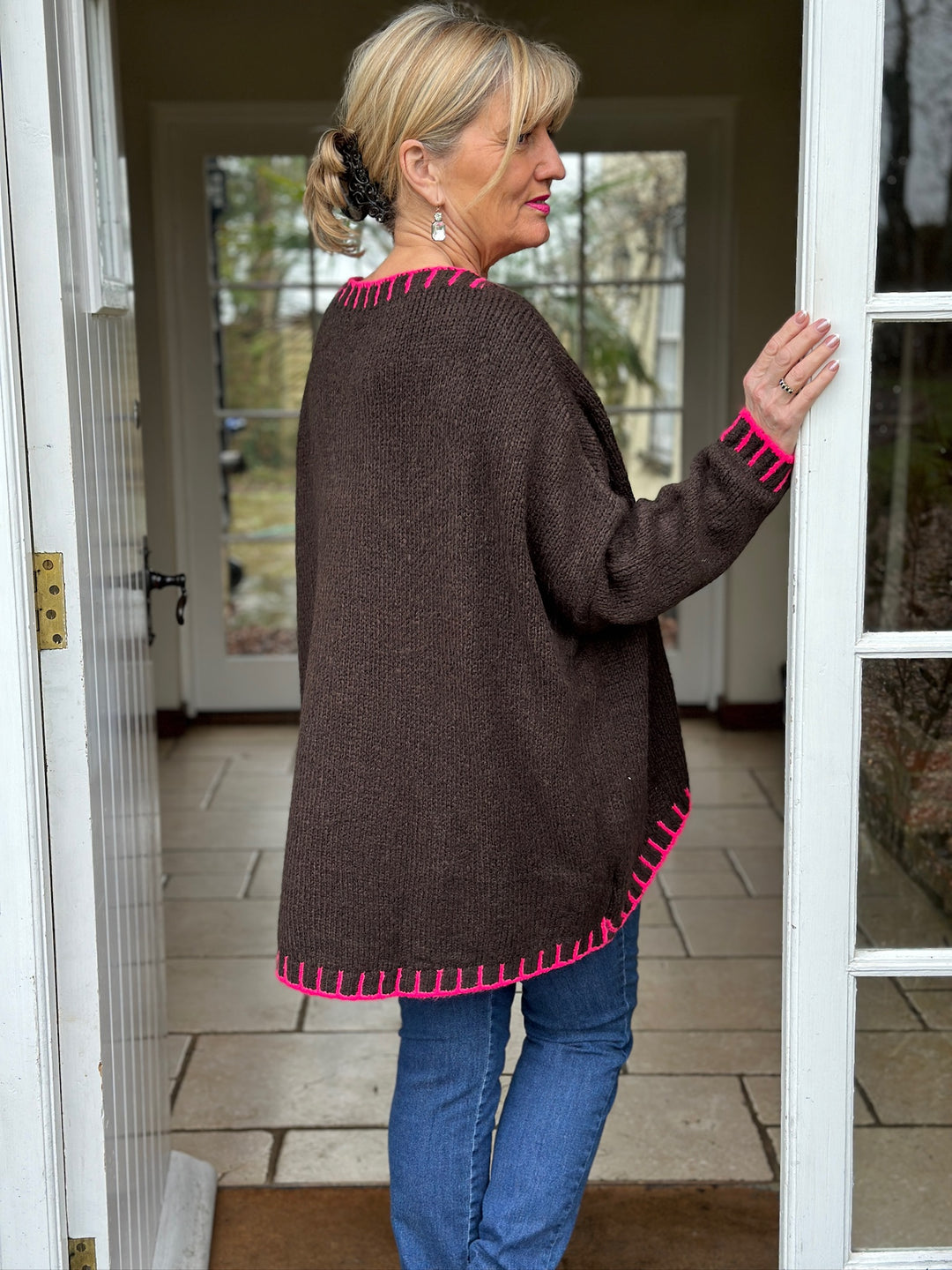 Contrast Stitch Knit Jumper | Chocolate & Fuchsia