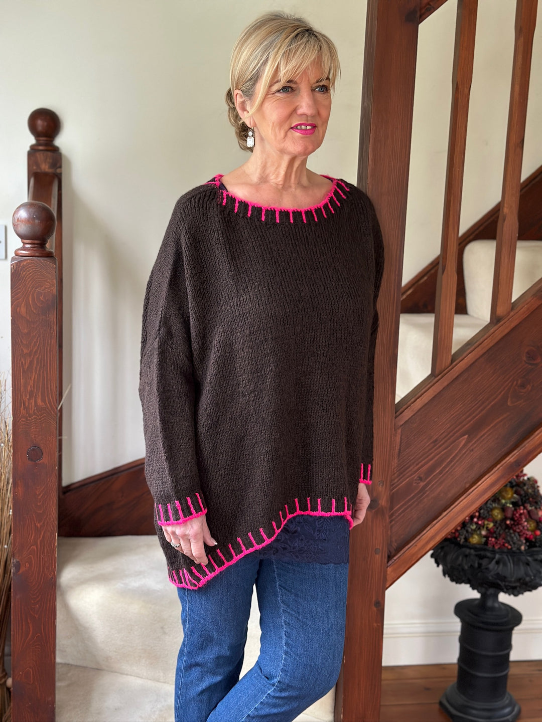 Contrast Stitch Knit Jumper | Chocolate & Fuchsia