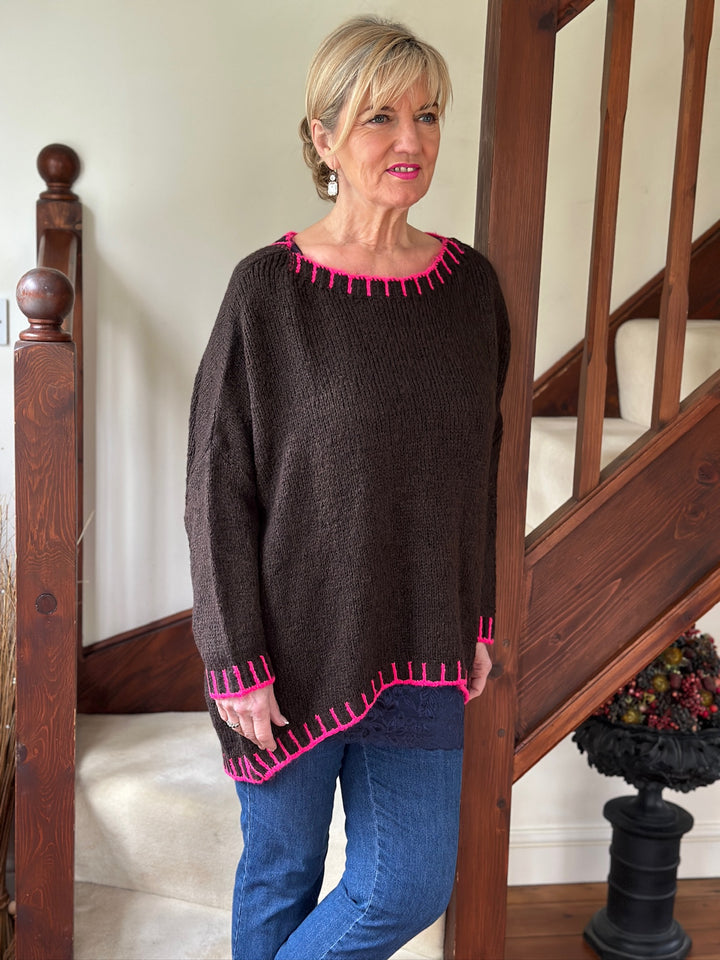 Contrast Stitch Knit Jumper | Chocolate & Fuchsia