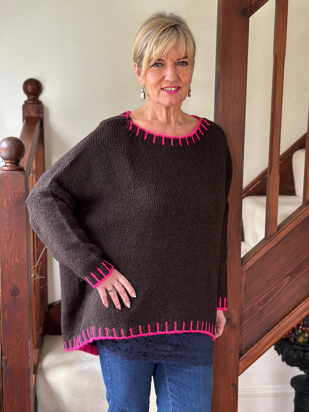 Contrast Stitch Knit Jumper | Chocolate & Fuchsia