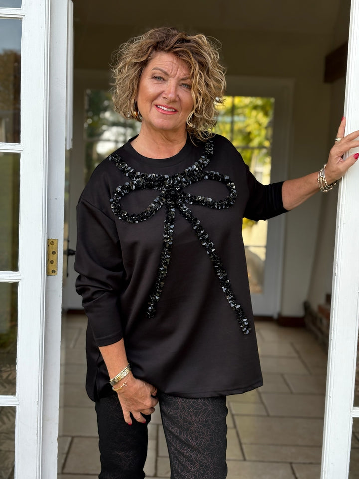 Sequin Ribbon Design Long Sleeve Top - Malissa J | Black