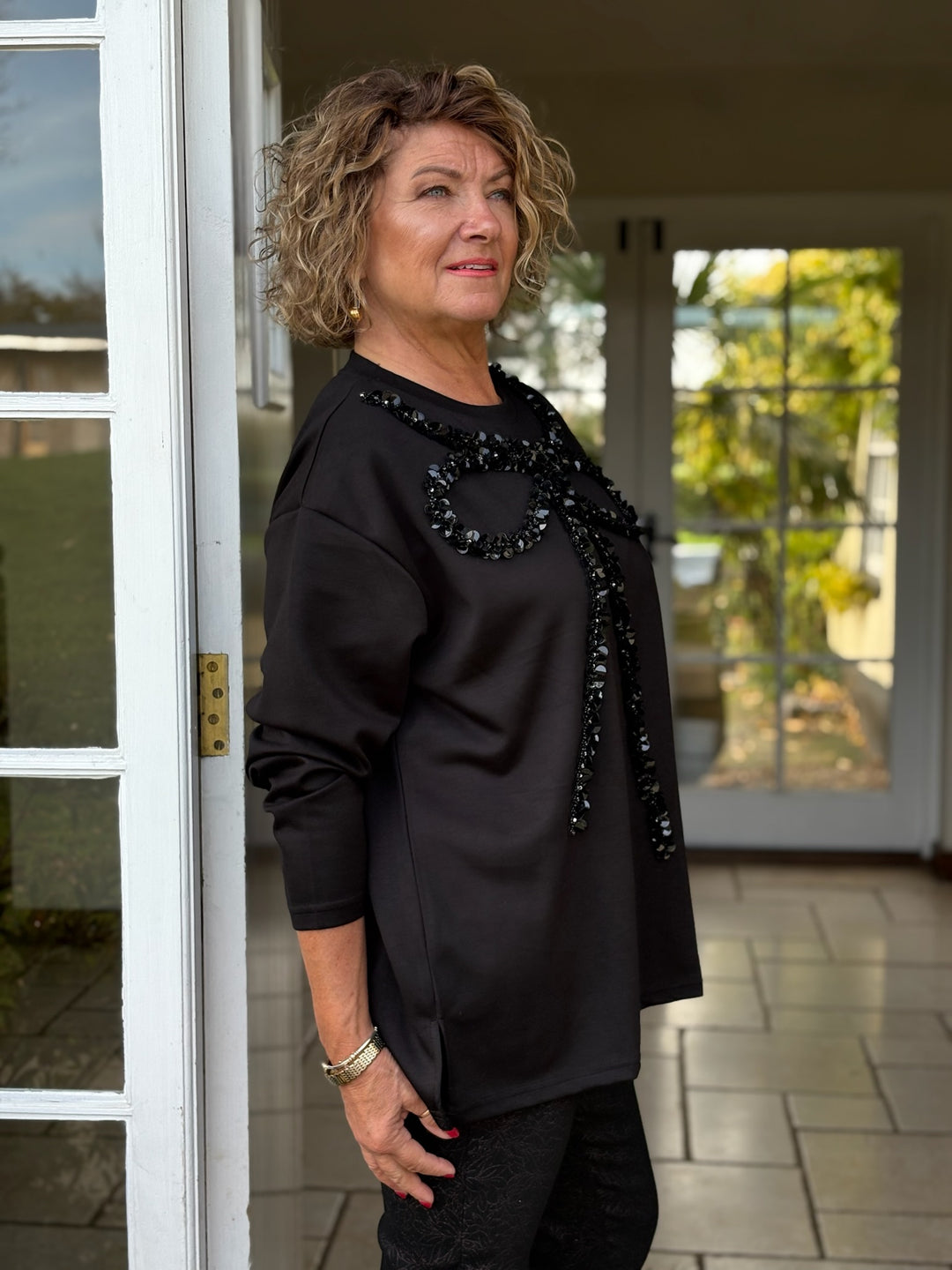 Sequin Ribbon Design Long Sleeve Top - Malissa J | Black