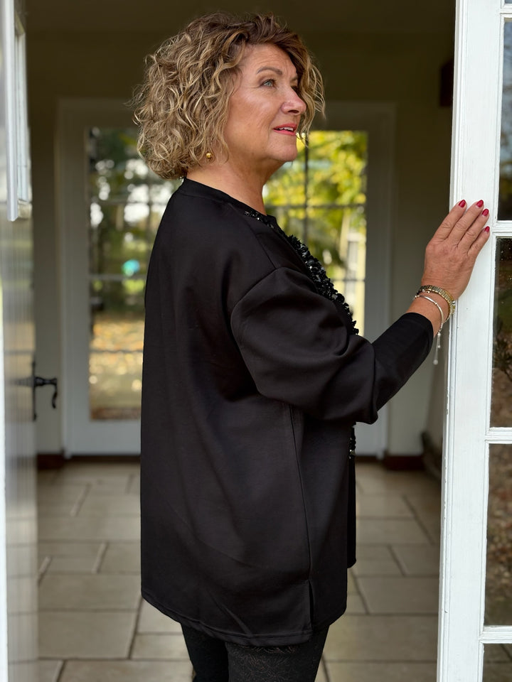 Sequin Ribbon Design Long Sleeve Top - Malissa J | Black