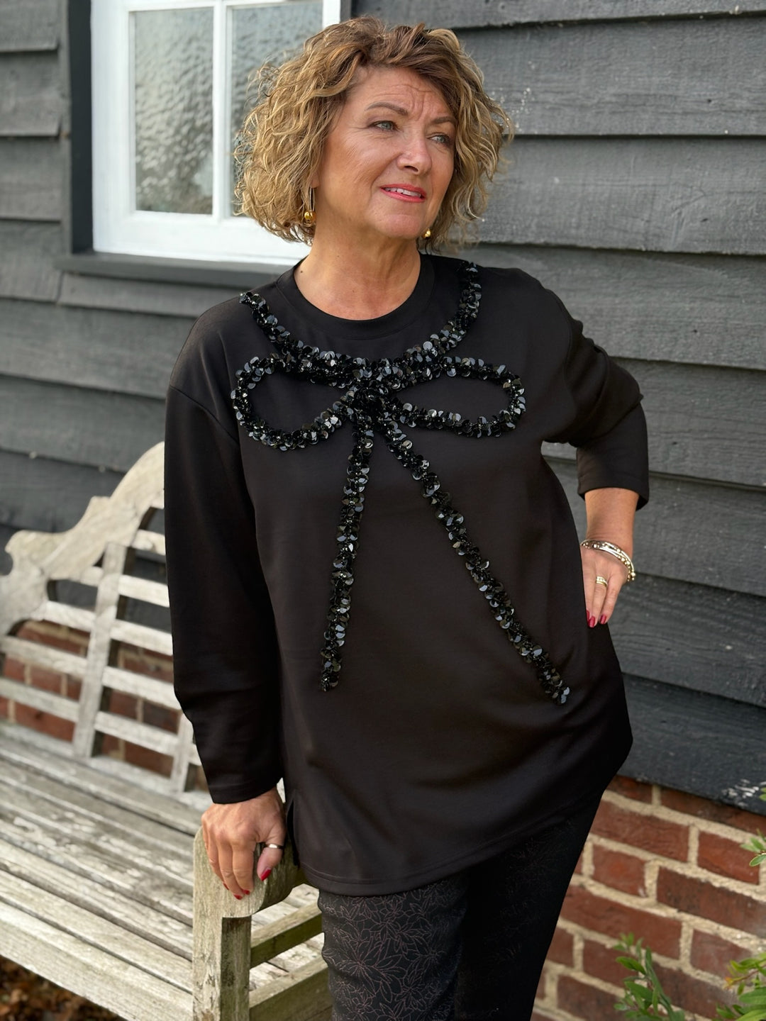 Sequin Ribbon Design Long Sleeve Top - Malissa J | Black