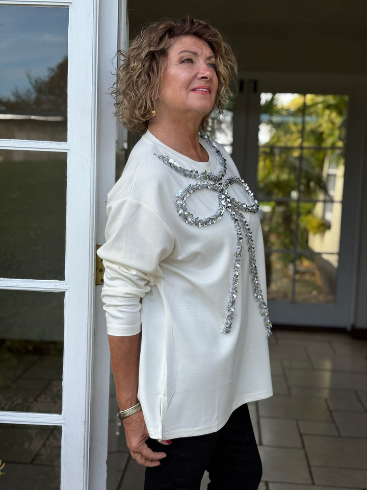 Sequin Ribbon Design Long Sleeve Top - Malissa J | Winter White