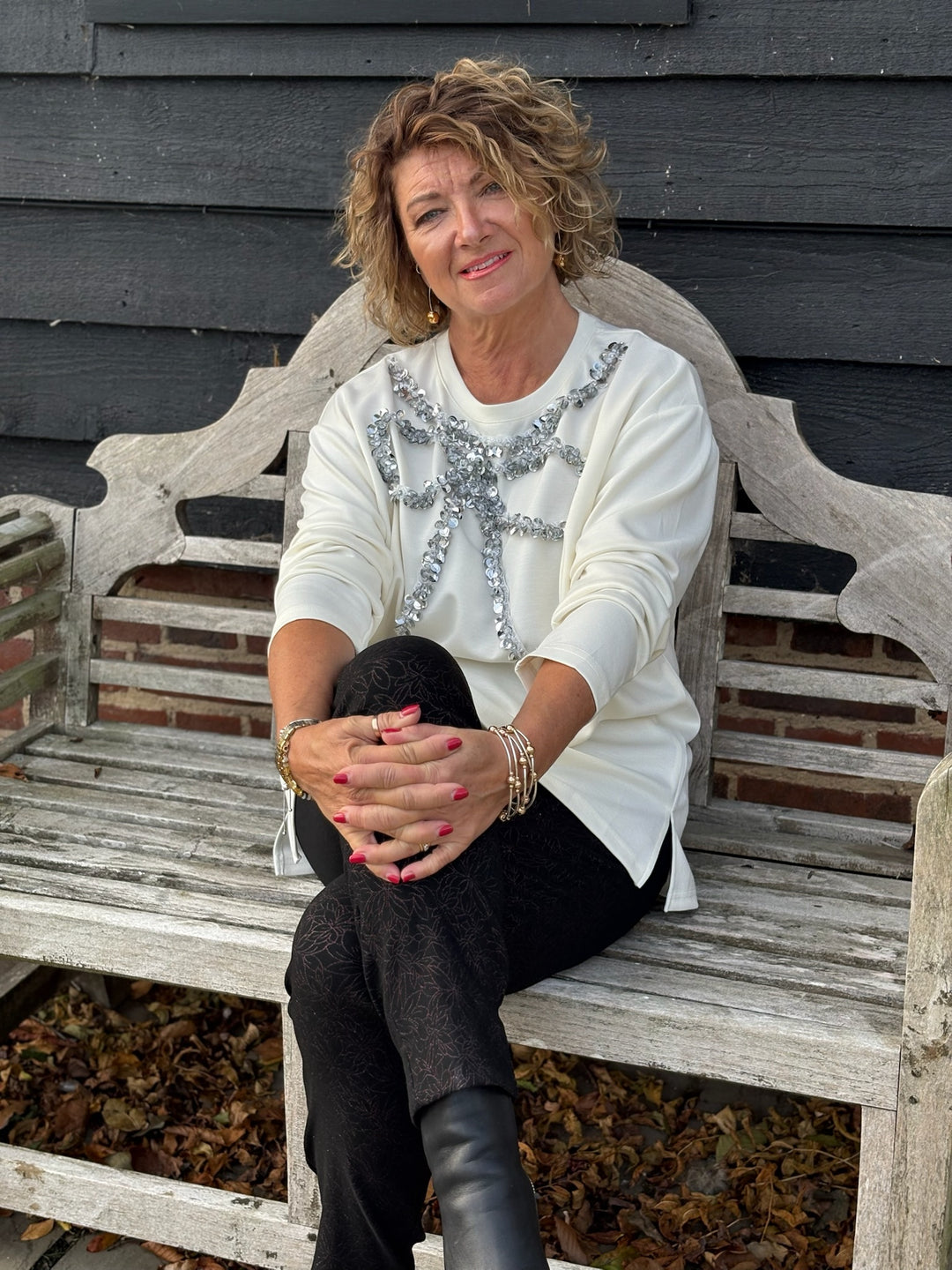 Sequin Ribbon Design Long Sleeve Top - Malissa J | Winter White