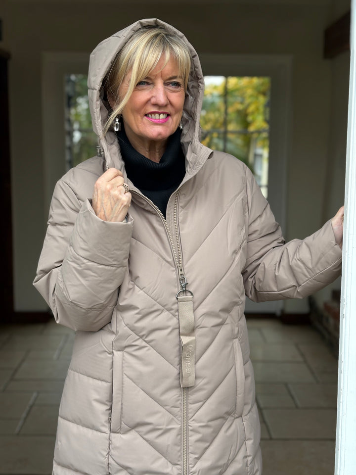 Hooded Chevron Padded Coat - Fransa | Taupe