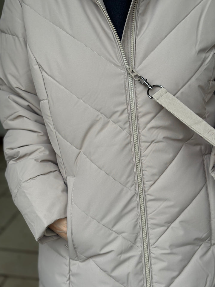Hooded Chevron Padded Coat - Fransa | Taupe