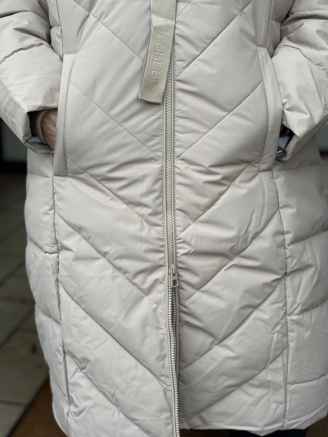 Hooded Chevron Padded Coat - Fransa | Taupe