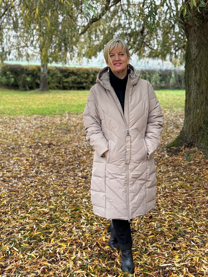 Hooded Chevron Padded Coat - Fransa | Taupe