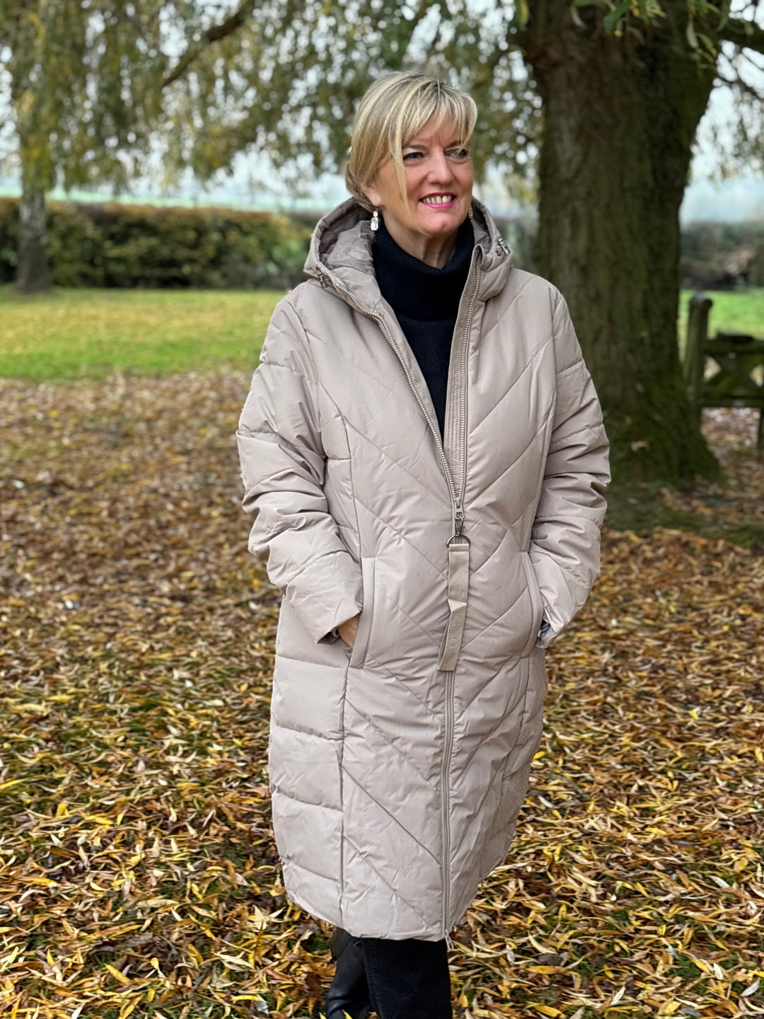 Hooded Chevron Padded Coat - Fransa | Taupe