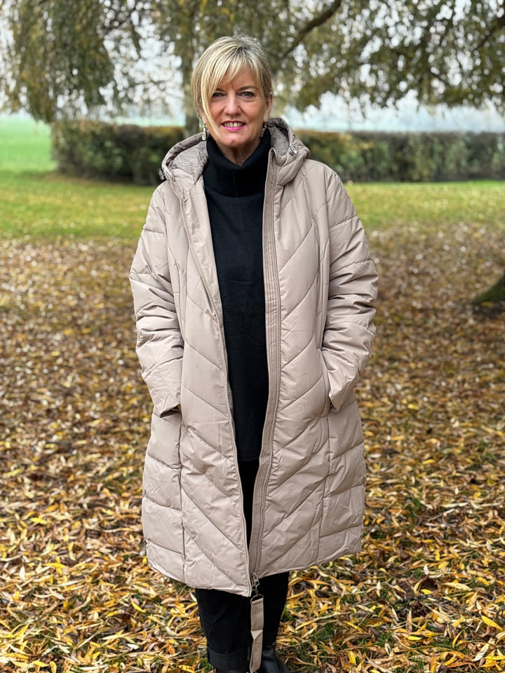 Hooded Chevron Padded Coat - Fransa | Taupe