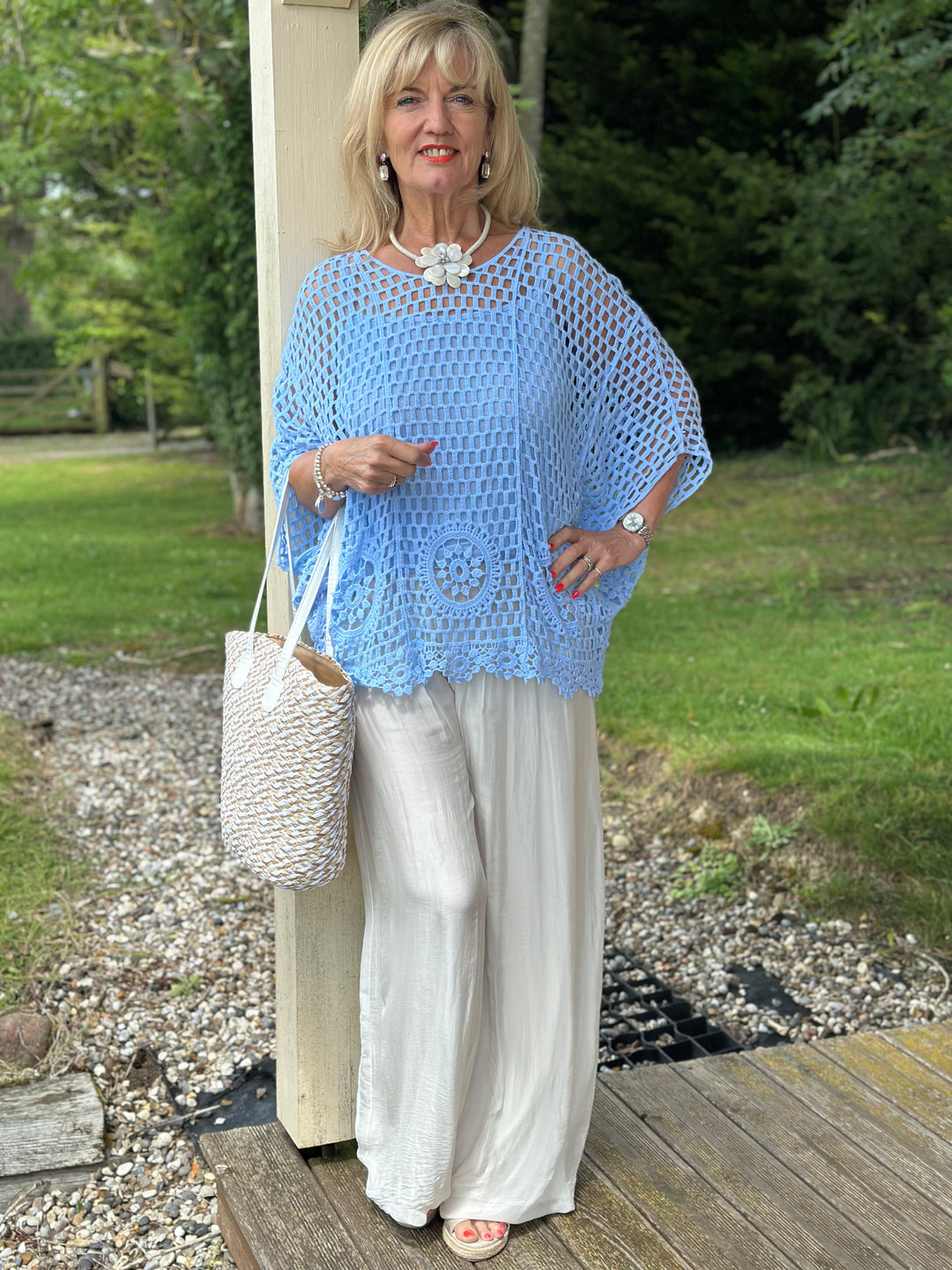 Crochet Lace Overlay Top | Sky Blue