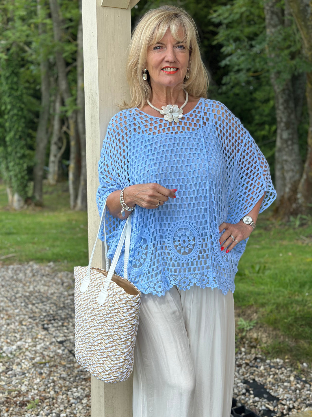 Crochet Lace Overlay Top | Sky Blue