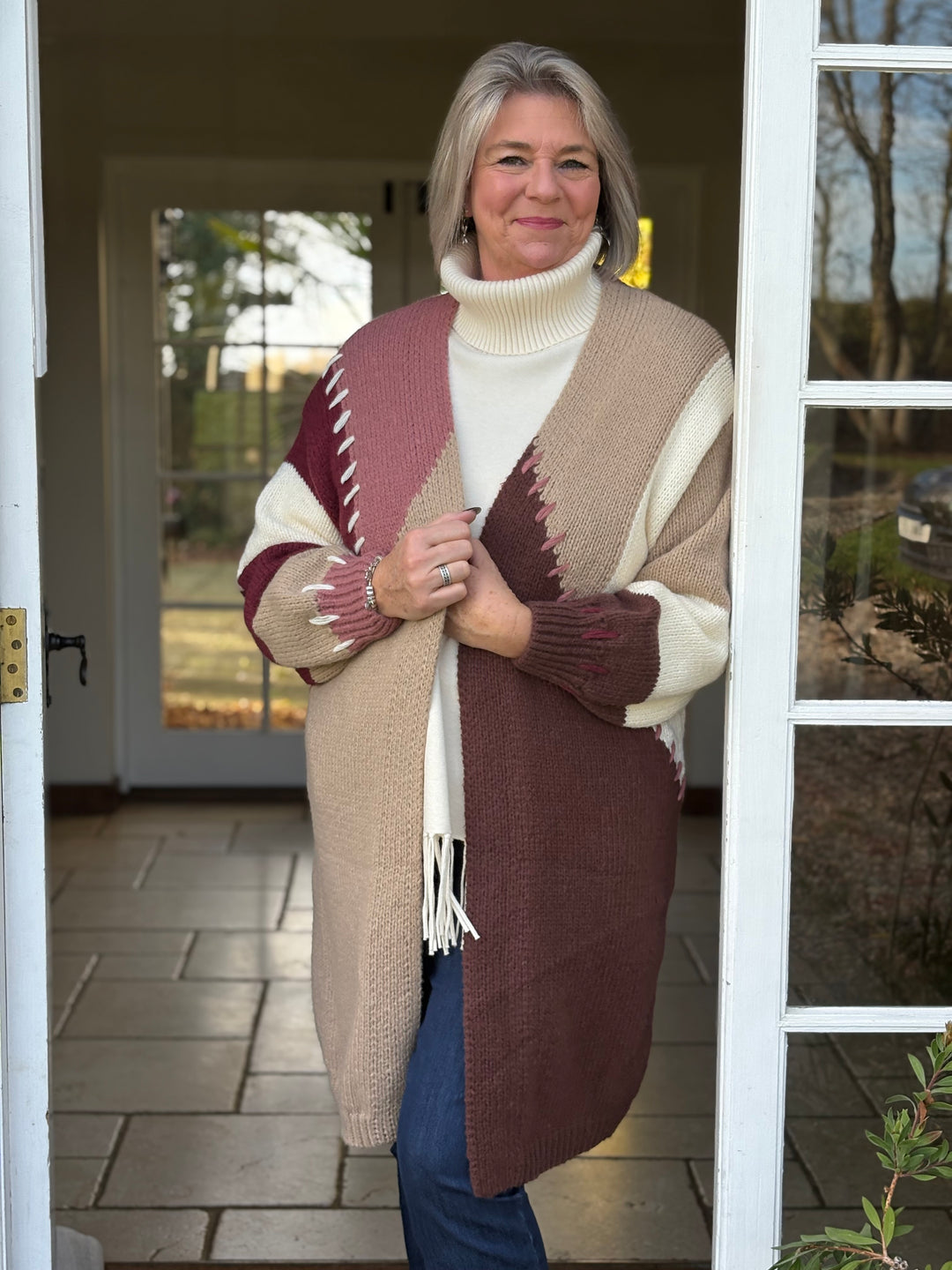 Longline Chunky Knit Cardigan | Brown, Pink & Beige