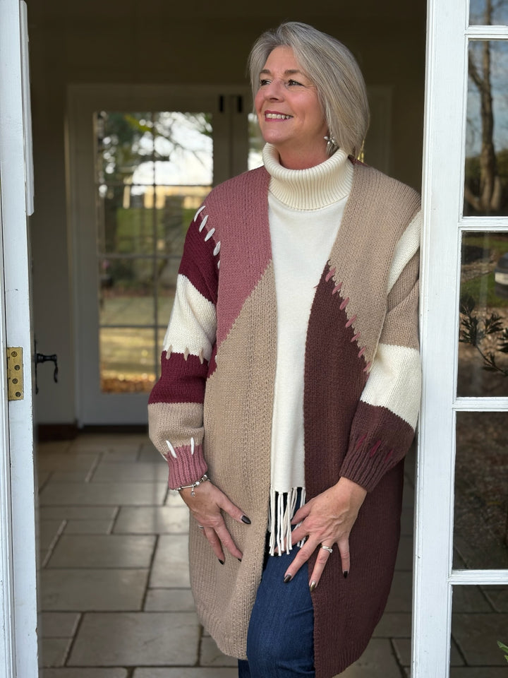 Longline Chunky Knit Cardigan | Brown, Pink & Beige