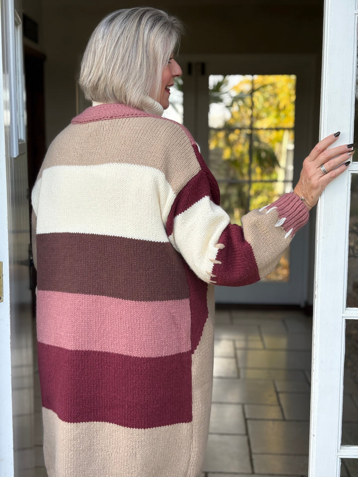 Longline Chunky Knit Cardigan | Brown, Pink & Beige