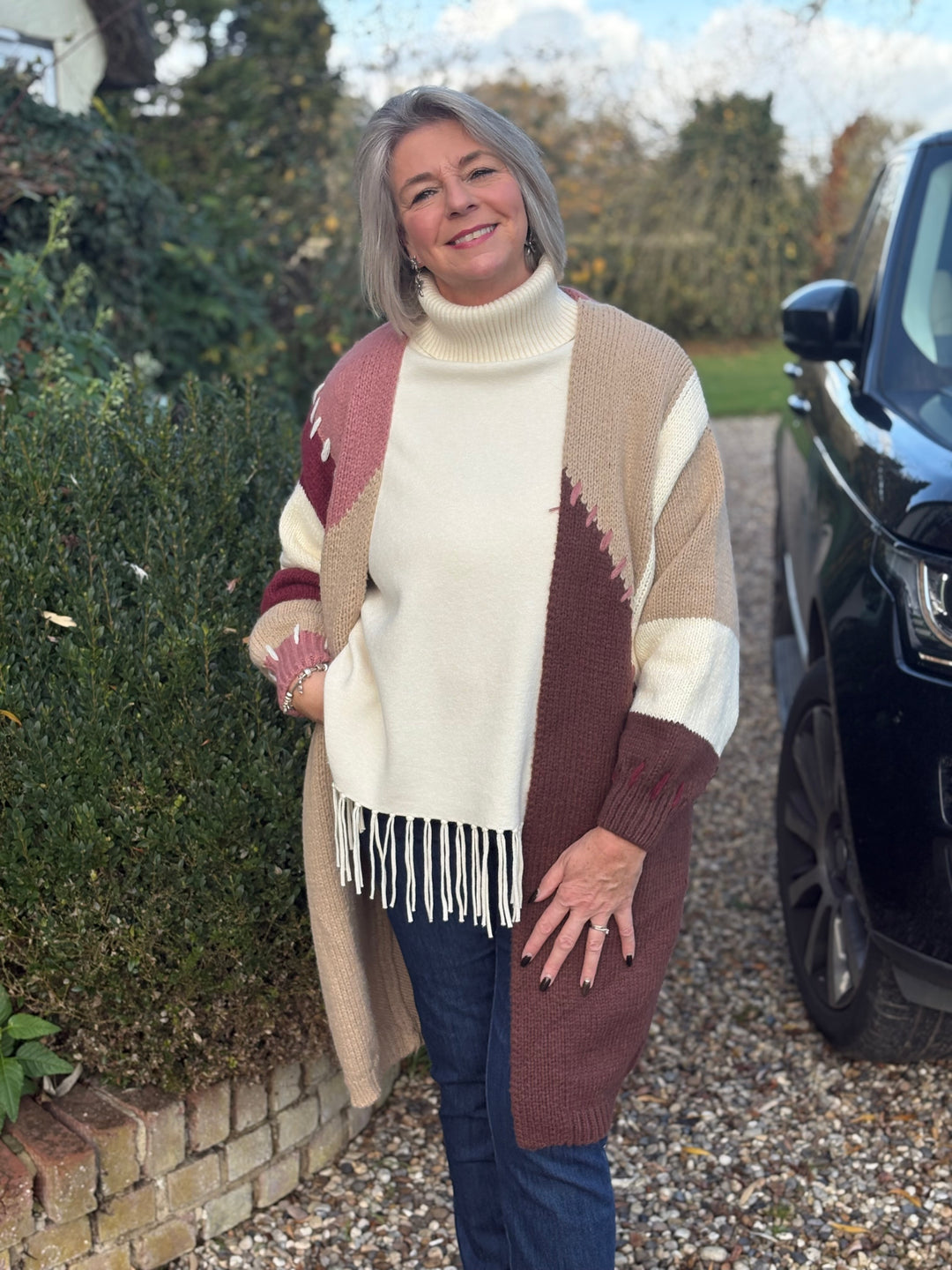 Longline Chunky Knit Cardigan | Brown, Pink & Beige