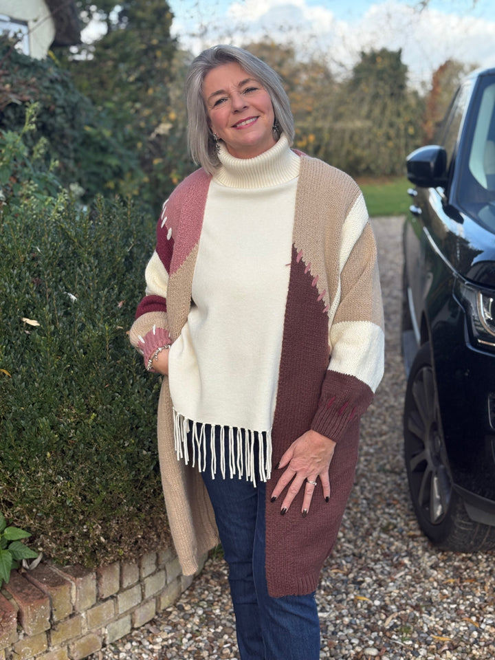 Longline Chunky Knit Cardigan | Brown, Pink & Beige