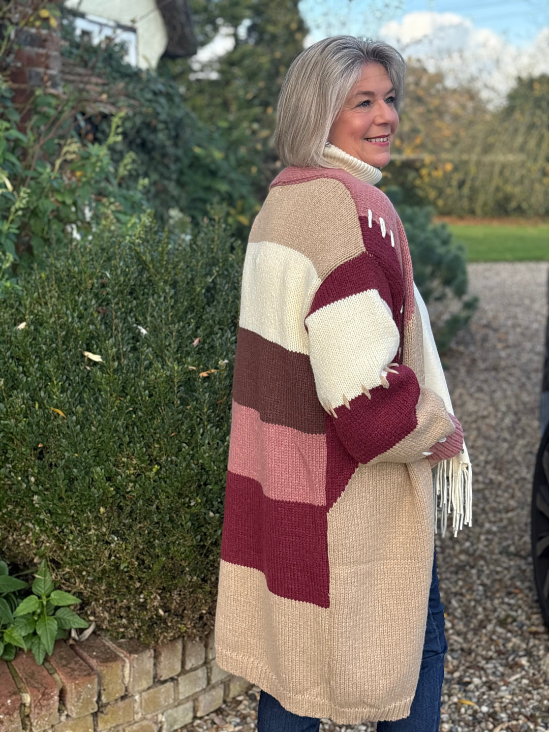 Longline Chunky Knit Cardigan | Brown, Pink & Beige