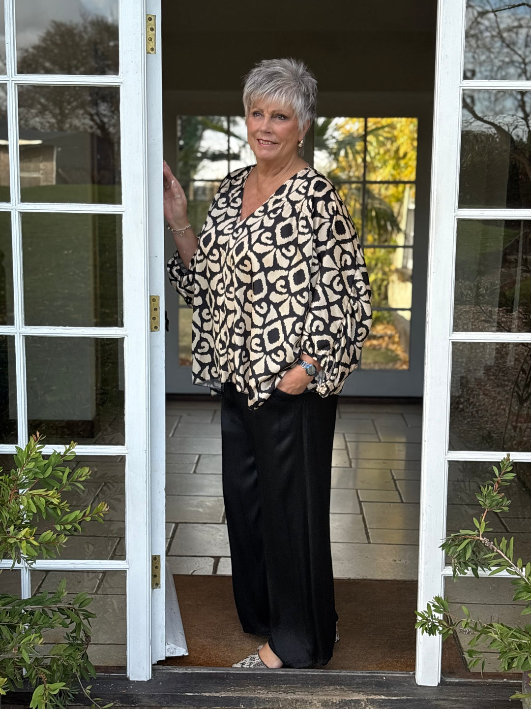 Funky Print Floaty Top | Black & Cream