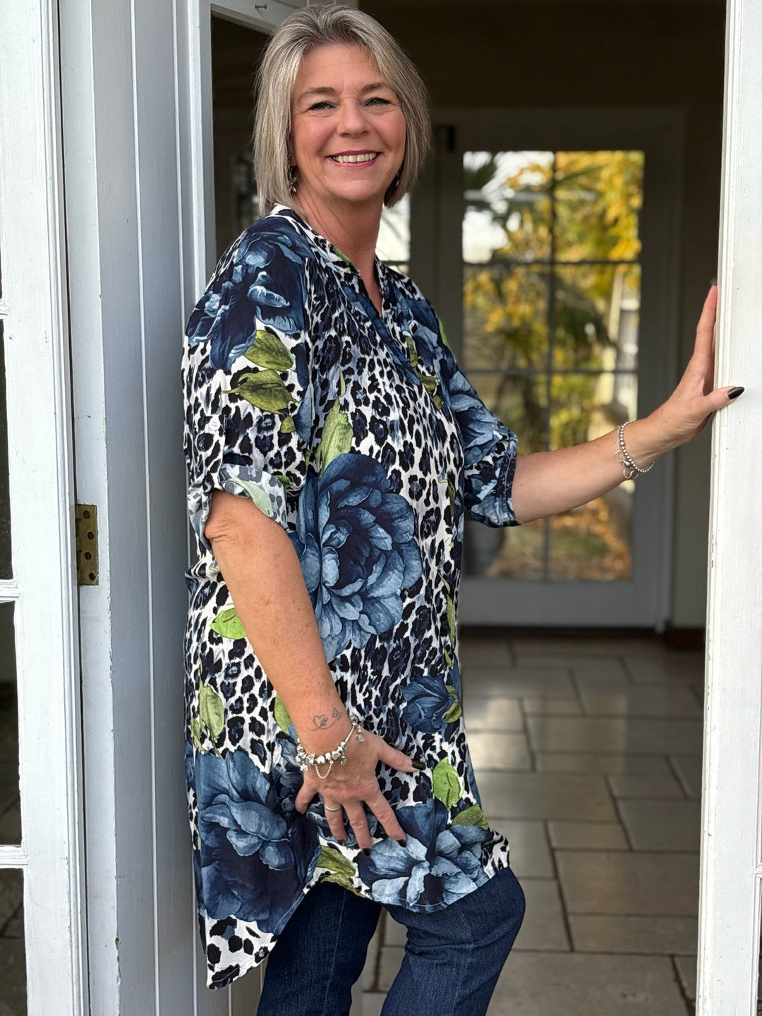 Leopard Print & Floral Design Tunic Top | Blue