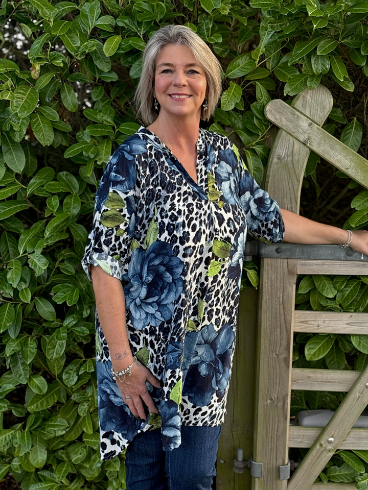 Leopard Print & Floral Design Tunic Top | Blue