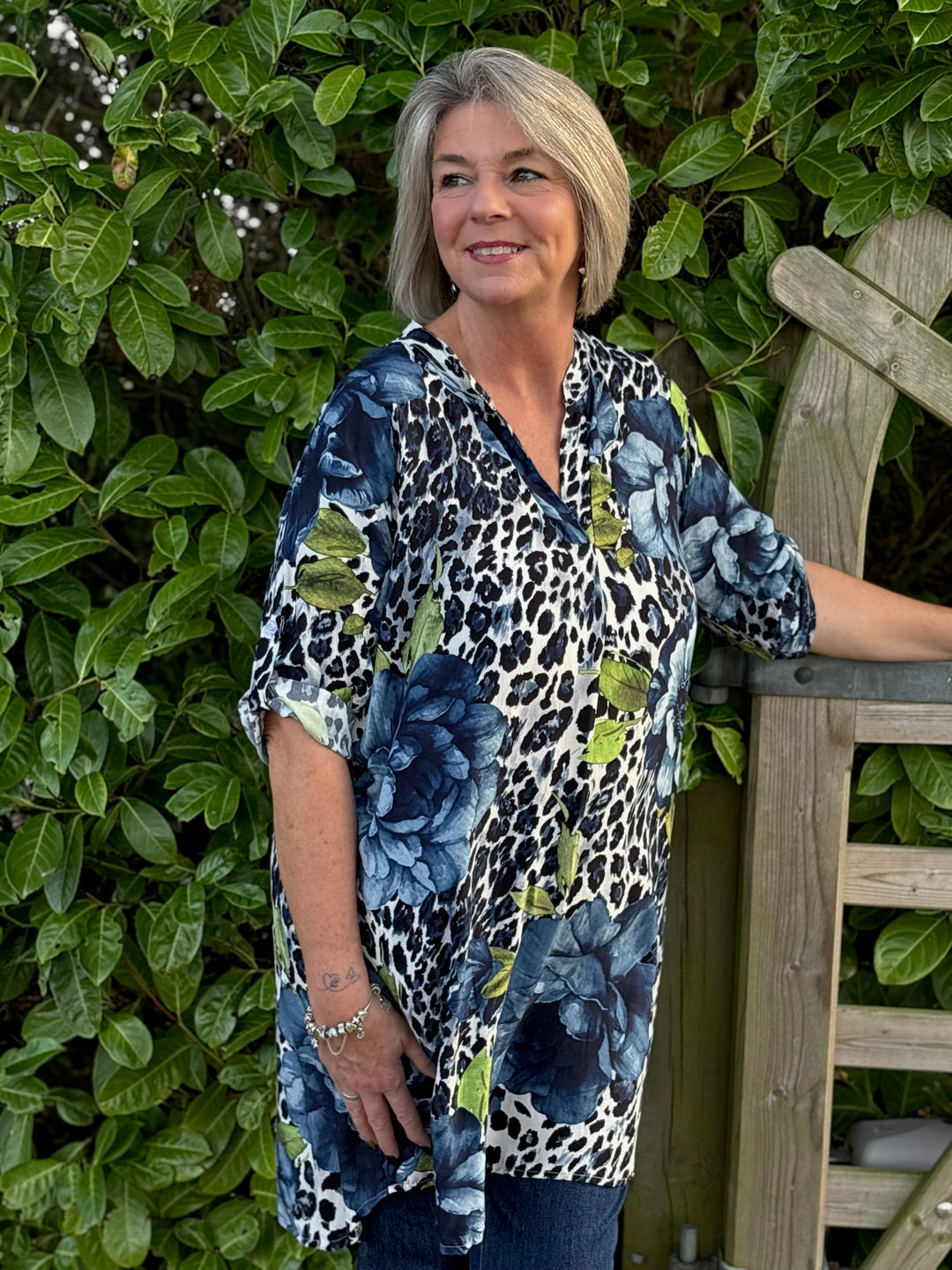 Leopard Print & Floral Design Tunic Top | Blue