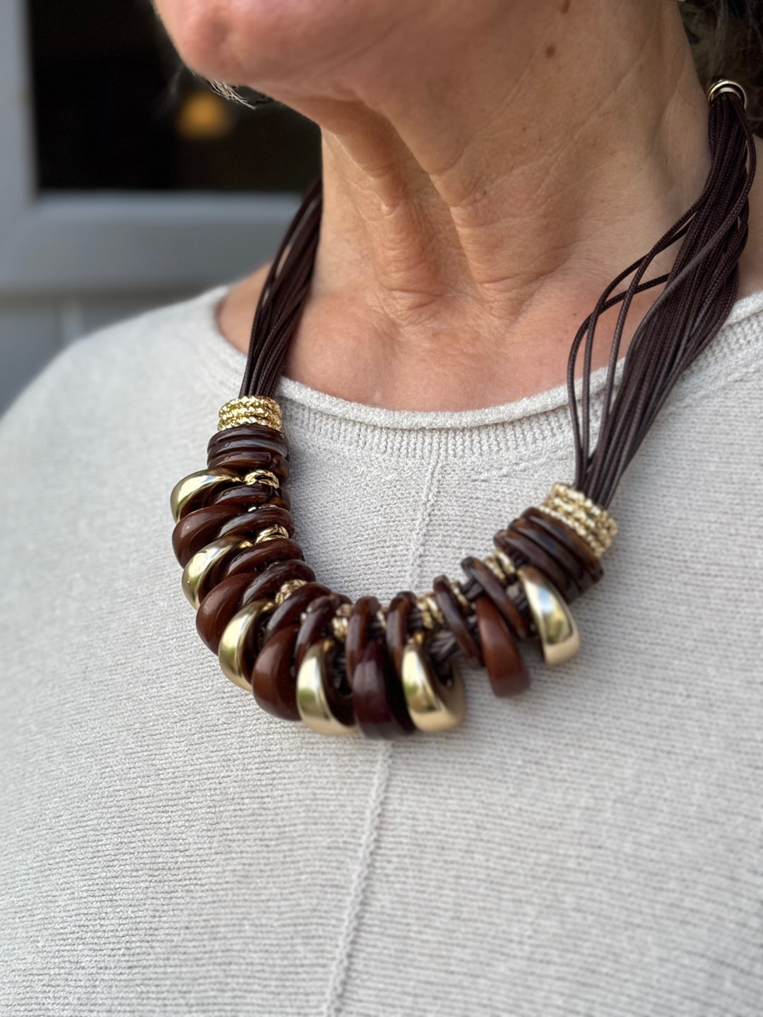 Layered Chunky Rings Necklace | Brown & Gold