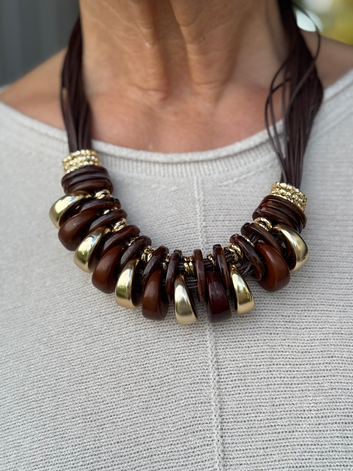 Layered Chunky Rings Necklace | Brown & Gold