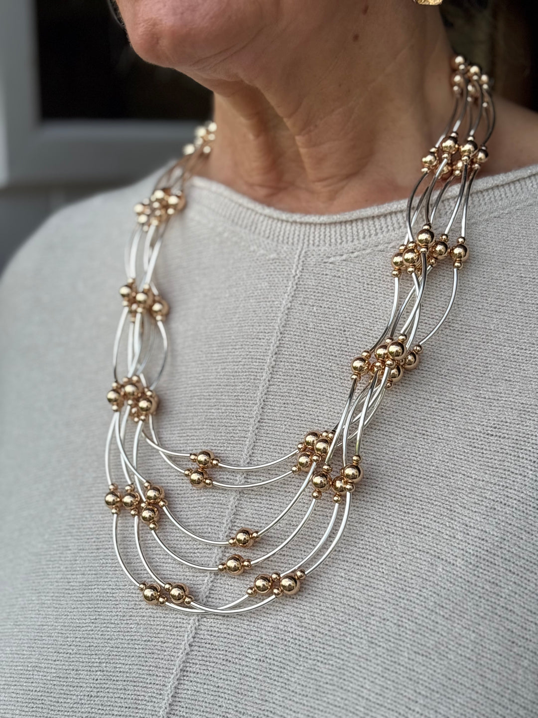 Layered Multi-Strand Beaded Necklace | Silver & Rose Gold