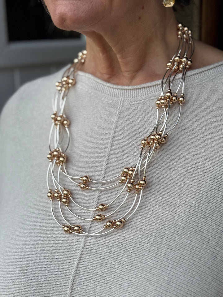 Layered Multi-Strand Beaded Necklace | Silver & Rose Gold