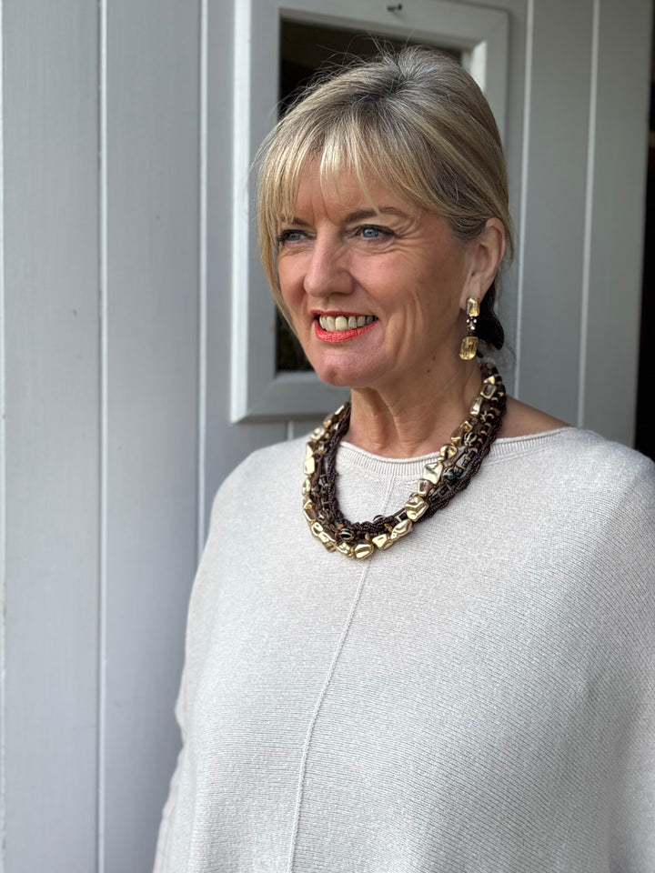 Boho Multi Strand Beaded Necklace | Brown & Gold